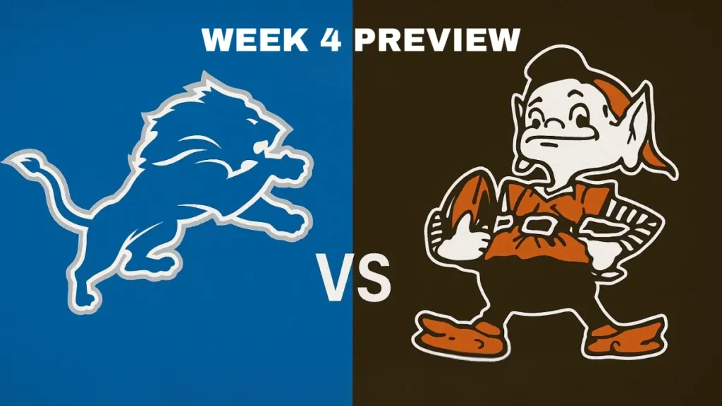 Detroit Lions logo facing off against Cleveland Browns’ Brownie the Elf mascot with bold text “Week 4 Preview” on a blue and brown split background — NFL matchup graphic, 1200x675, 16:9 ratio.