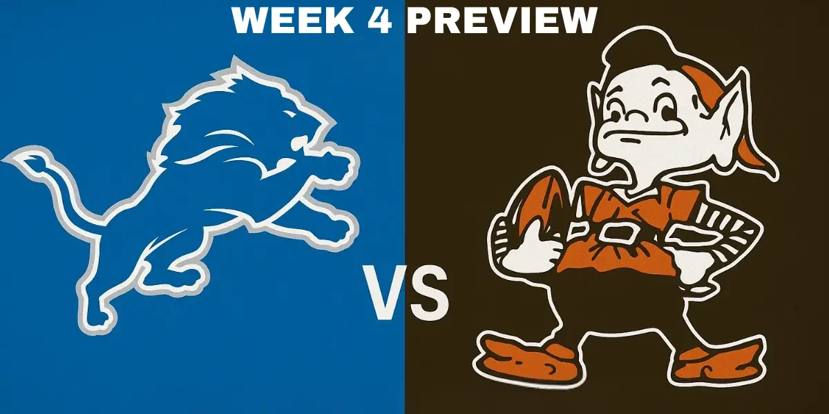 Detroit Lions logo facing off against Cleveland Browns’ Brownie the Elf mascot with bold text “Week 4 Preview” on a blue and brown split background — NFL matchup graphic, 1200x675, 16:9 ratio.