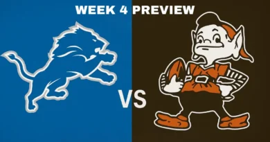 Detroit Lions logo facing off against Cleveland Browns’ Brownie the Elf mascot with bold text “Week 4 Preview” on a blue and brown split background — NFL matchup graphic, 1200x675, 16:9 ratio.