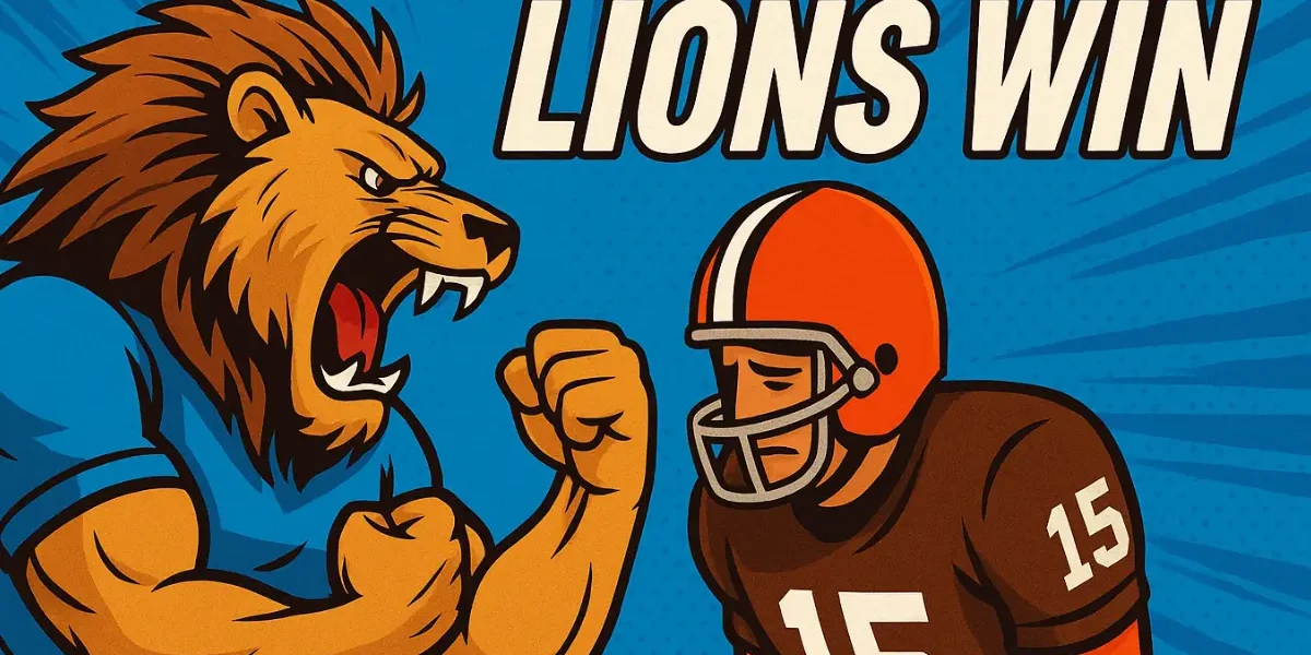 This is an image of a Detroit Lions beating up on a Cleveland Brown. Image is for the recap of Lions 27010 win over the Browns on Sept 28, 2025
