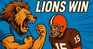 This is an image of a Detroit Lions beating up on a Cleveland Brown. Image is for the recap of Lions 27010 win over the Browns on Sept 28, 2025