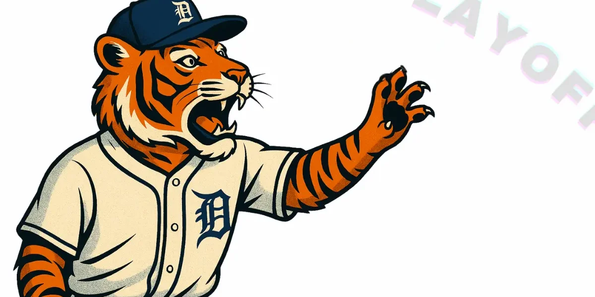 Illustration of a Detroit Tiger in a baseball uniform reaching for the playoffs as they vanish into thin air, symbolizing the team’s postseason collapse.