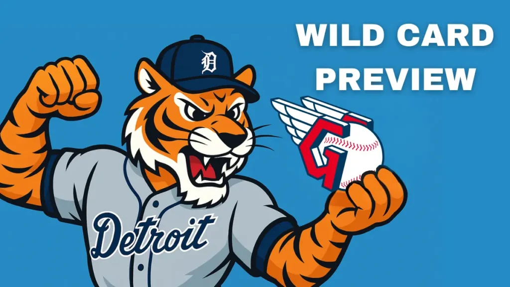 Cartoon Detroit Tiger in baseball uniform pitching a ball that features the Cleveland Guardians “G with wings” logo, with bold text reading “Wild Card Preview” on a 16:9 sports graphic background.