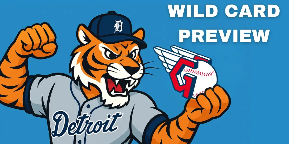 Cartoon Detroit Tiger in baseball uniform pitching a ball that features the Cleveland Guardians “G with wings” logo, with bold text reading “Wild Card Preview” on a 16:9 sports graphic background.
