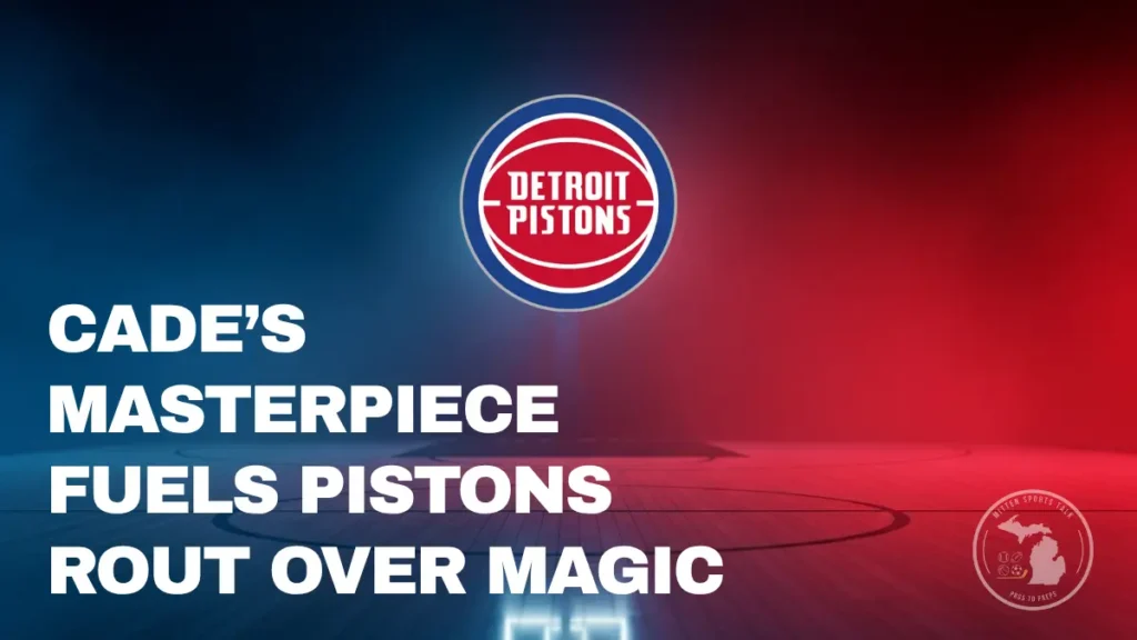 A stylized, atmospheric background of a basketball court with dramatic lighting, themed in the Detroit Pistons' red and blue colors. Highlighting Cade Cunninghams pperformance against the Magic.
