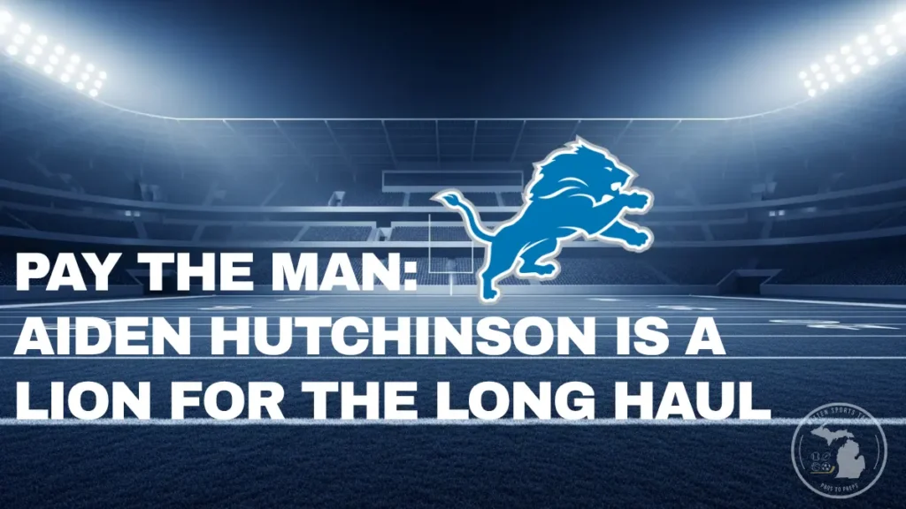 An atmospheric, cinematic background of a professional football field at night under bright stadium lights, with a strong Honolulu Blue color theme, and Lions' logo