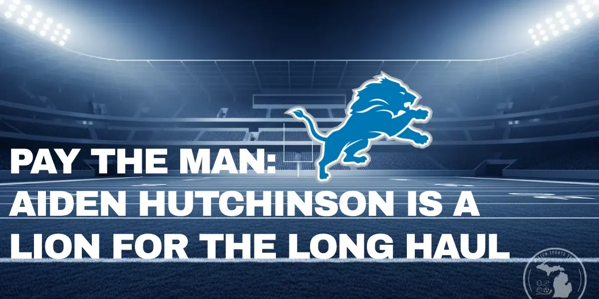 An atmospheric, cinematic background of a professional football field at night under bright stadium lights, with a strong Honolulu Blue color theme, and Lions' logo