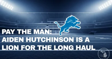 An atmospheric, cinematic background of a professional football field at night under bright stadium lights, with a strong Honolulu Blue color theme, and Lions' logo