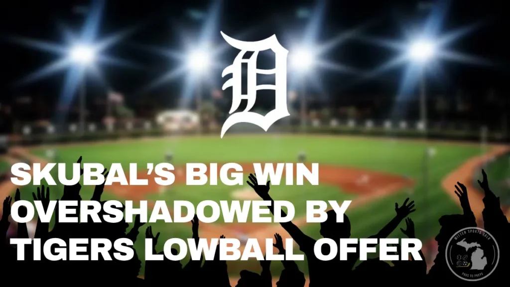 Image of baseball stadium with fans as a backdrop for announcing Tarik Skuba's Best Pitcher Award, and Tigers Lowball Offer