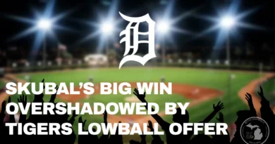 Image of baseball stadium with fans as a backdrop for announcing Tarik Skuba's Best Pitcher Award, and Tigers Lowball Offer