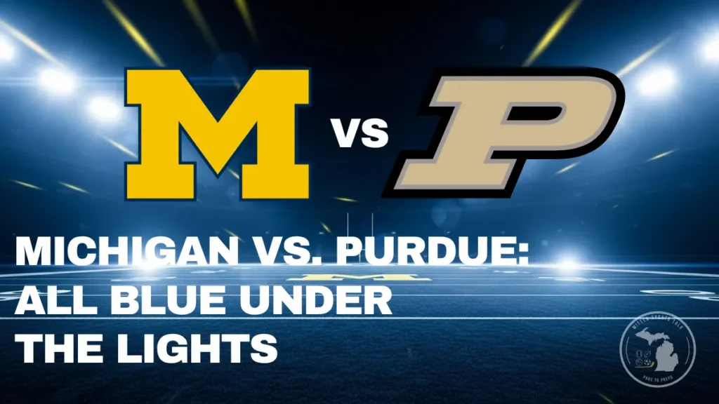 Michigan Stadium illuminated at night in maize and blue: Highlighting Mighigan vs Purdue 2025