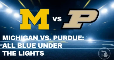 Michigan Stadium illuminated at night in maize and blue: Highlighting Mighigan vs Purdue 2025