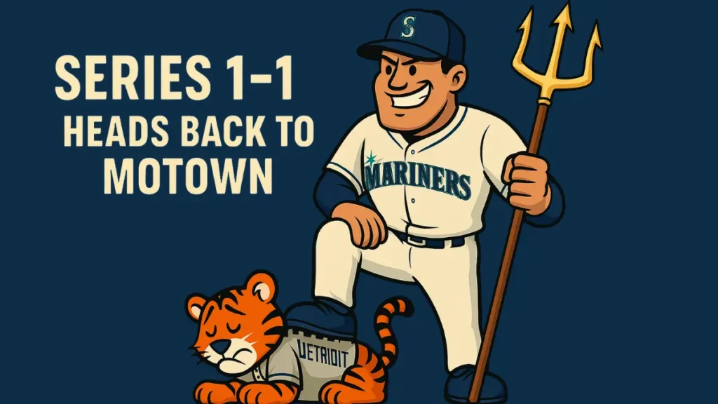 Mariners tie series 1-1 with 3-2 victory in Seattle during ALDS playoff game.