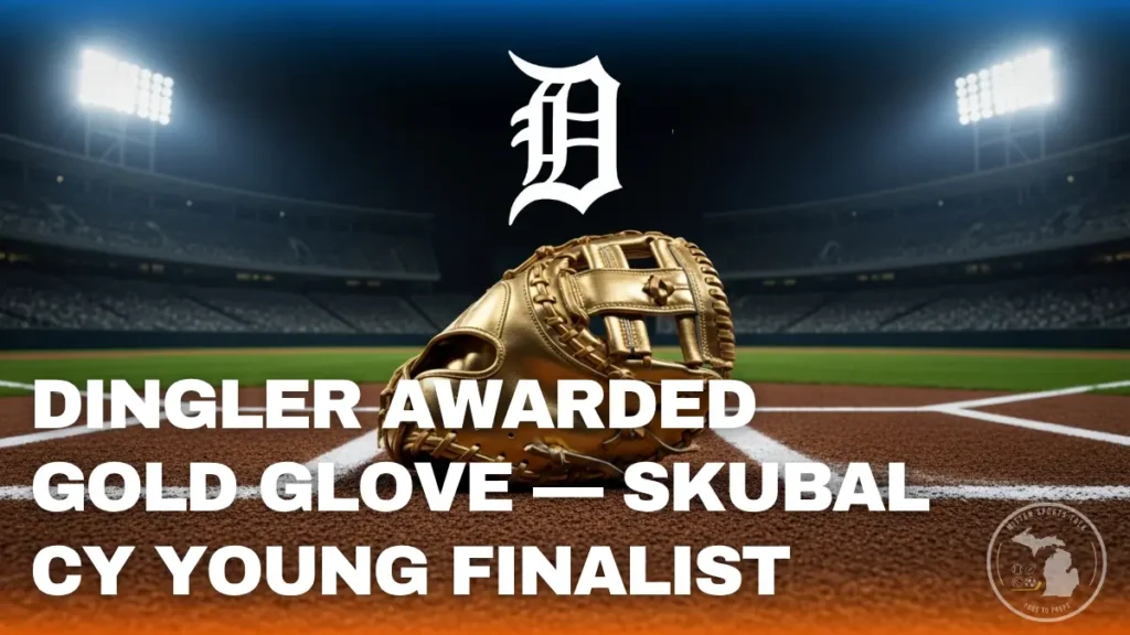 Baeball stadium at night, with shot of gold glove at home plate. Detroit Tiger Catcher Dillon Dingler wins Gold Glove