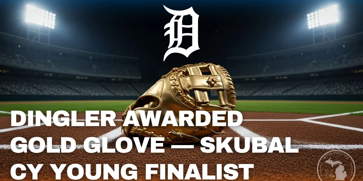 Baeball stadium at night, with shot of gold glove at home plate. Detroit Tiger Catcher Dillon Dingler wins Gold Glove