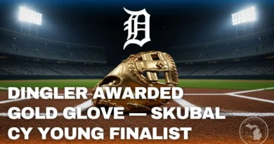 Baeball stadium at night, with shot of gold glove at home plate. Detroit Tiger Catcher Dillon Dingler wins Gold Glove