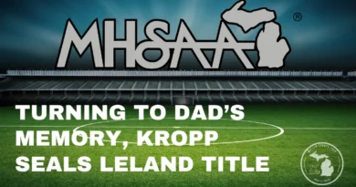 MHSAA Division 4 Boys State Champions Leland Comets, Led by Hoie Crop, image is atmospheric soccer field with MHSAA logo