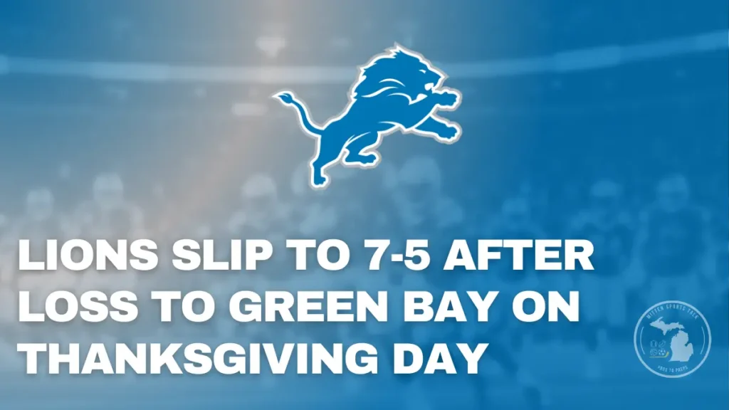 Alt Image Text: Detroit Lions and Green Bay Packers in action at Ford Field on Thanksgiving Day as Lions fall to 7–5.