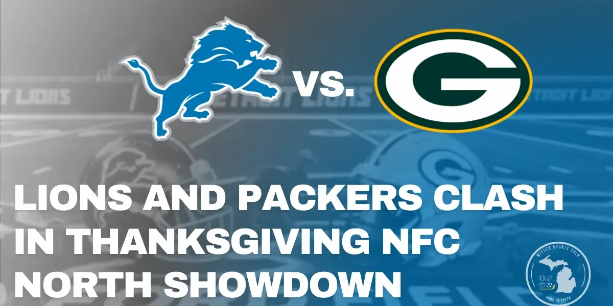 Detroit Lions and Green Bay Packers lining up at Ford Field during the Thanksgiving Day Classic.