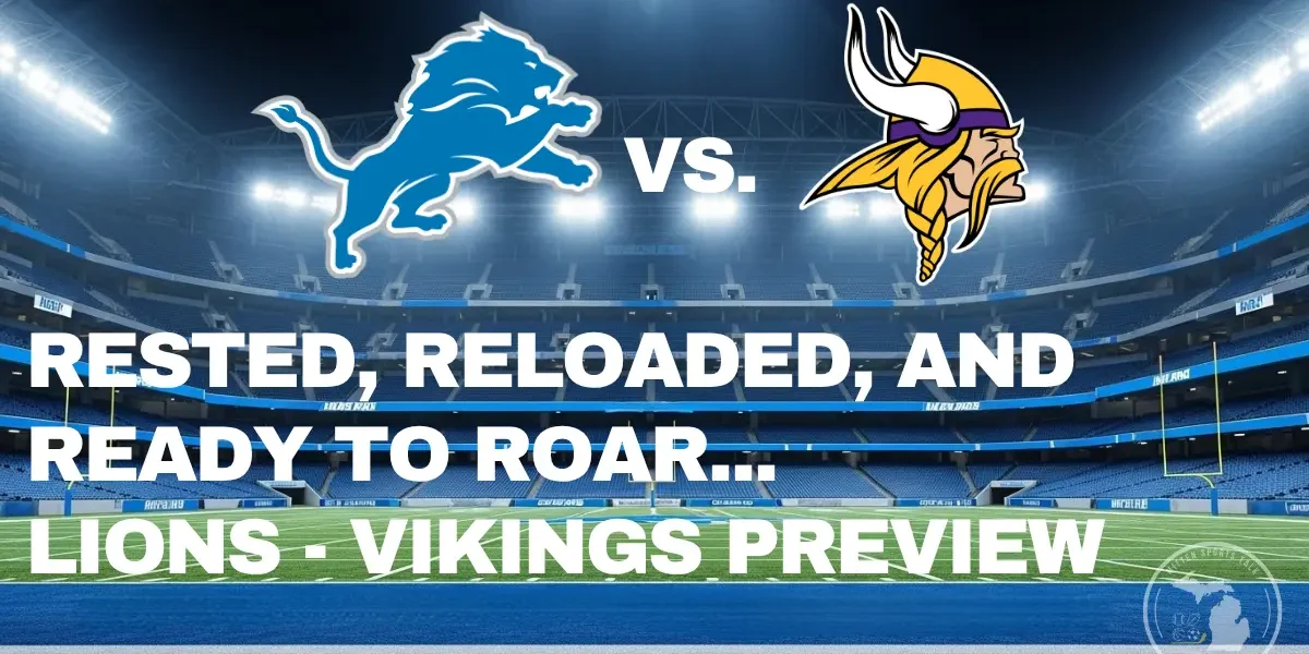An atmospheric, stylized background of Ford Field at night, with the stadium lights casting a dramatic glow over the empty football field. The primary color is Honolulu Blue. Detroit Lions vs. Minnesota Vidings 2025