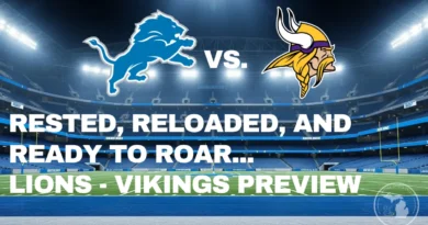 An atmospheric, stylized background of Ford Field at night, with the stadium lights casting a dramatic glow over the empty football field. The primary color is Honolulu Blue. Detroit Lions vs. Minnesota Vidings 2025