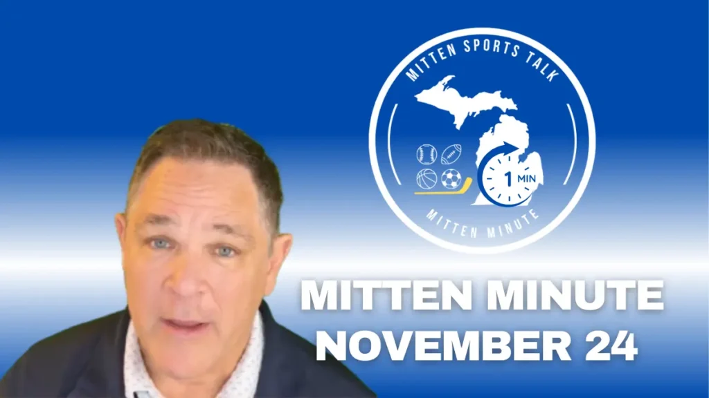 Mitten Minute daily sports update graphic for Mitten Sports Talk with Bob Brozowski on a blue Michigan-themed background.