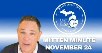 Mitten Minute daily sports update graphic for Mitten Sports Talk with Bob Brozowski on a blue Michigan-themed background.