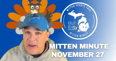 “Thanksgiving Mitten Minute graphic featuring Detroit Lions, Pistons, Red Wings, Michigan Wolverines and Michigan State Spartans coverage across Michigan sports.”
