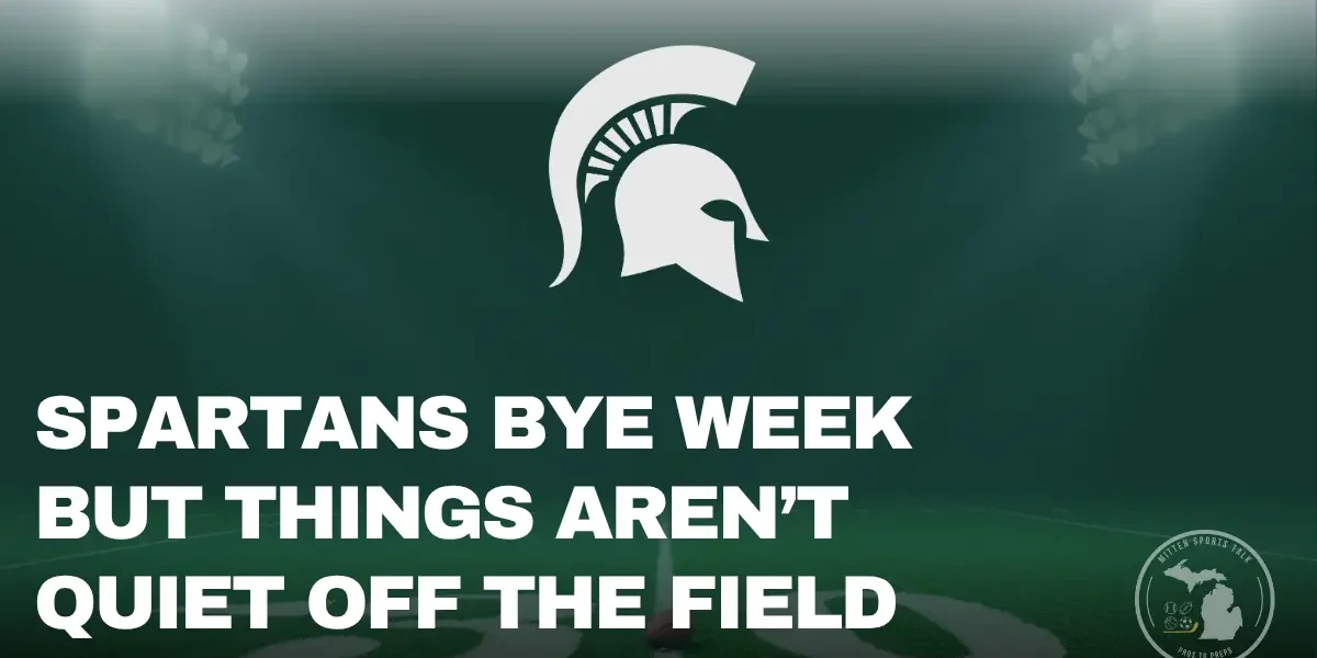 MSU Bye week 2025 image with football field and ball in the background
