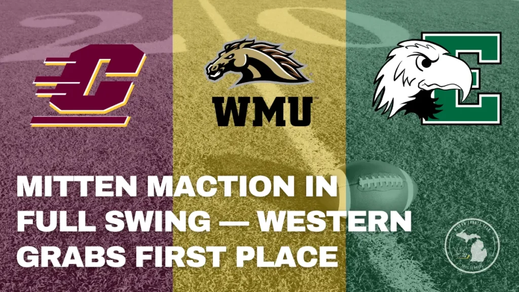 MAC football update with picture of Eastern, Western, and Central logos against a football field. Week of Nov 9