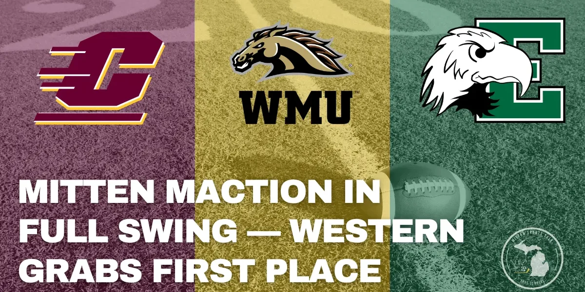 MAC football update with picture of Eastern, Western, and Central logos against a football field. Week of Nov 9