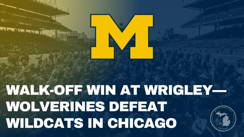 Michigan football team celebrating the game-winning field goal against Northwestern at Wrigley Field.