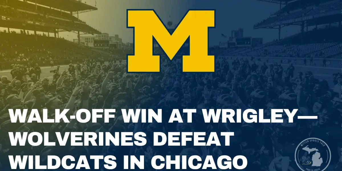 Michigan football team celebrating the game-winning field goal against Northwestern at Wrigley Field.