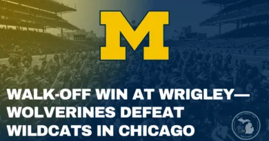 Michigan football team celebrating the game-winning field goal against Northwestern at Wrigley Field.