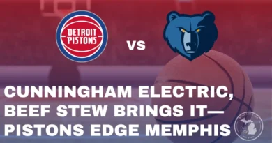 Highly stylized team color overlay of Detroit Pistons in a empty stadium, after win against Memphis Grizzlies.