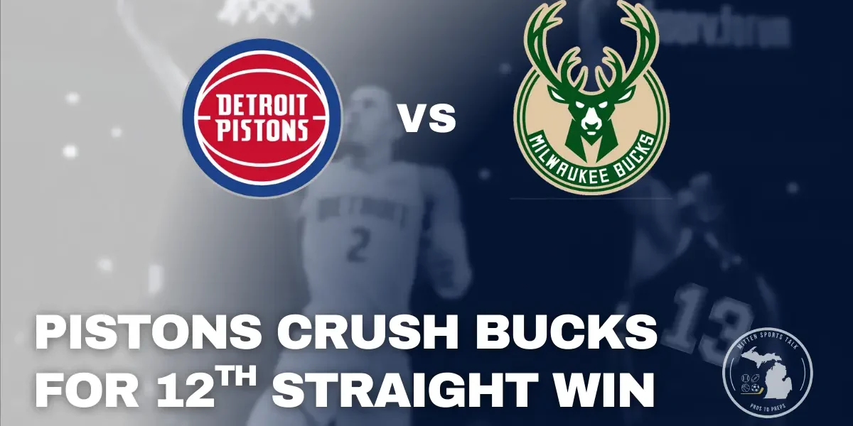 Detroit Pistons celebrate a 129–116 win over the Milwaukee Bucks to extend their streak to 12 games