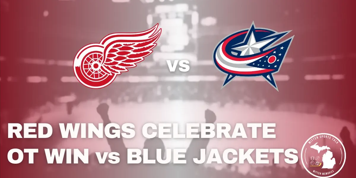 Detroit Red Wings celebrate an overtime win against the Columbus Blue Jackets at Little Caesars Arena.