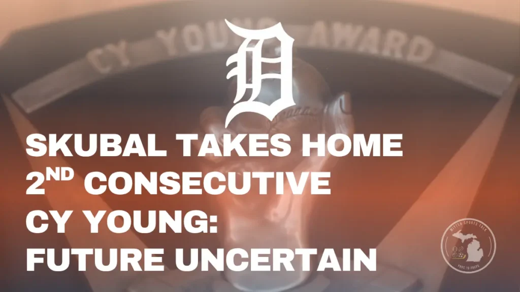 Tiger Pitcher Tarik Skubal Wins 2025 Cy Young Award. Image is of trophy in Tiger themed colors