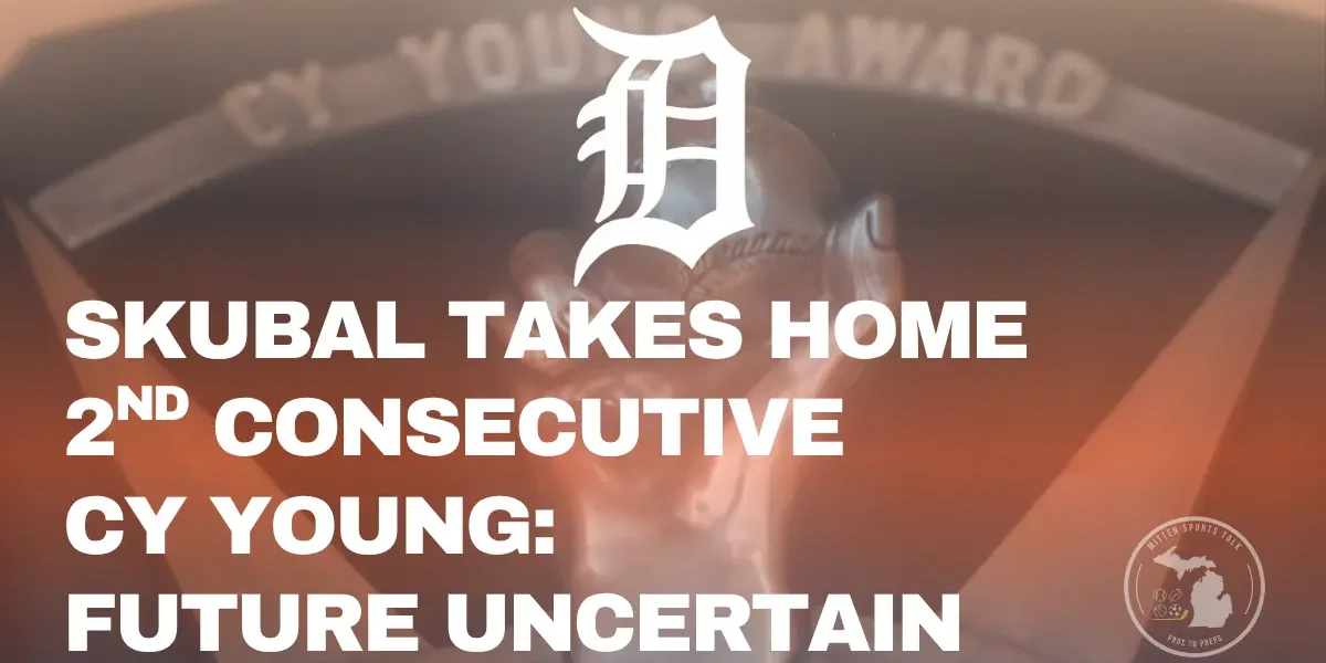 Tiger Pitcher Tarik Skubal Wins 2025 Cy Young Award. Image is of trophy in Tiger themed colors