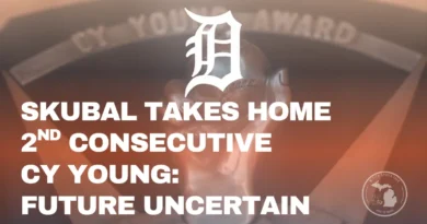 Tiger Pitcher Tarik Skubal Wins 2025 Cy Young Award. Image is of trophy in Tiger themed colors