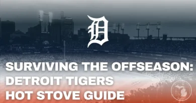 A stylized Detroit Tigers offseason graphic featuring baseball imagery, winter theme elements, and the Olde English D logo.