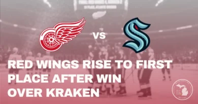 Detroit Red Wings celebrate a 4–2 win over the Kraken to move into first place in the Atlantic Division.