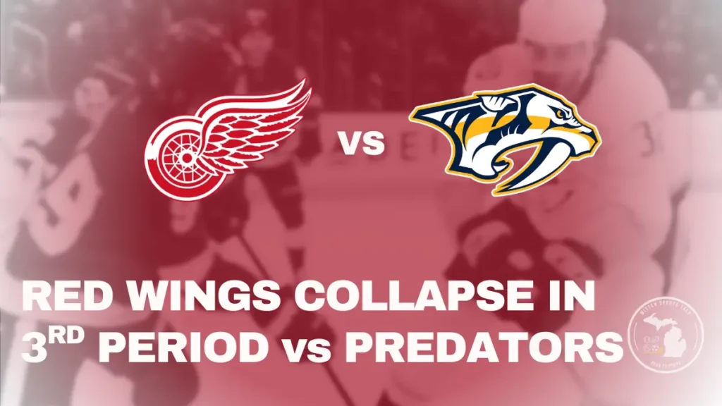 Detroit Red Wings and Nashville Predators battle for the puck during gameplay at Little Caesars Arena, shown in a 1200x675 action-style feature image.