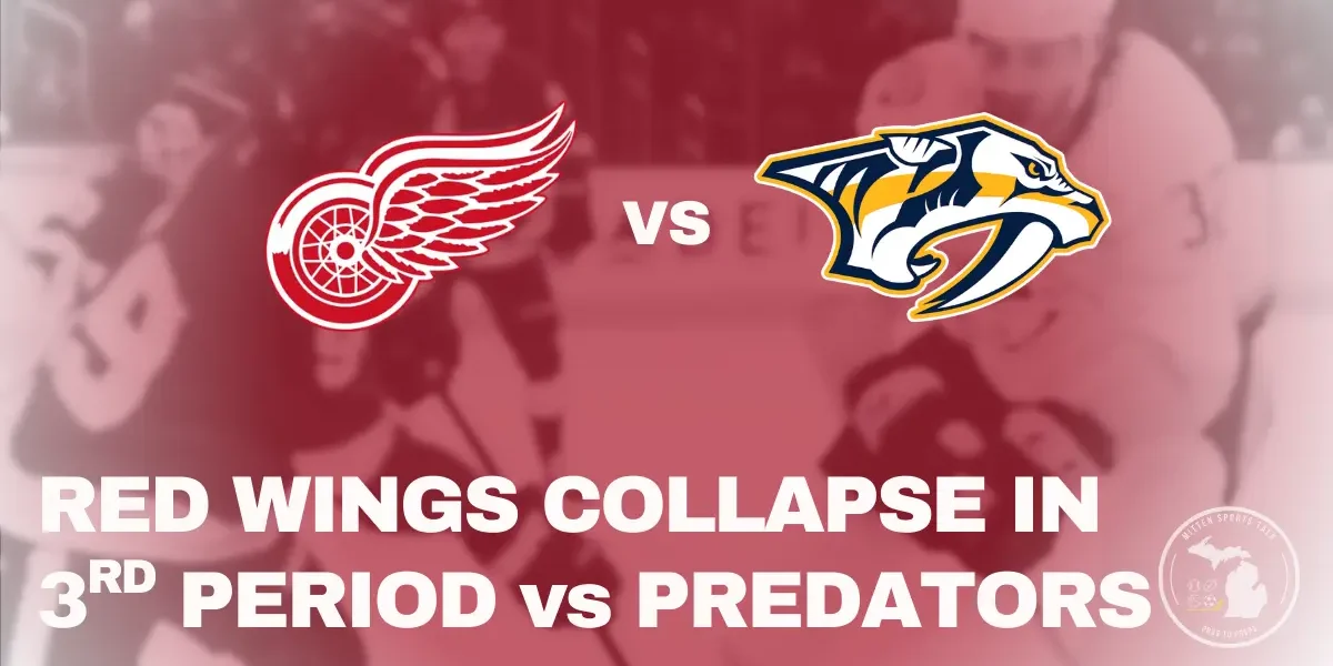 Detroit Red Wings and Nashville Predators battle for the puck during gameplay at Little Caesars Arena, shown in a 1200x675 action-style feature image.