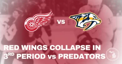 Detroit Red Wings and Nashville Predators battle for the puck during gameplay at Little Caesars Arena, shown in a 1200x675 action-style feature image.
