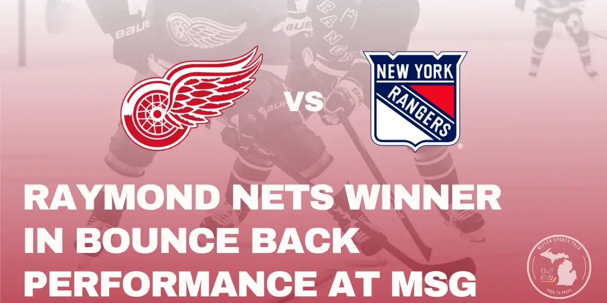 Players fight over puck as Wings take on Rangers at MSG Sunday November 16, 2025.