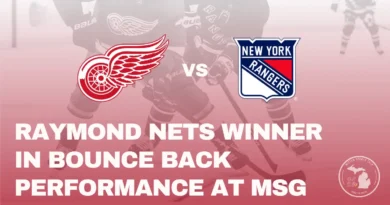 Players fight over puck as Wings take on Rangers at MSG Sunday November 16, 2025.