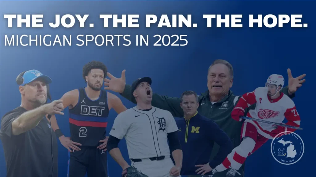 Composite image featuring Detroit Lions head coach Dan Campbell, Detroit Pistons star Cade Cunningham, Detroit Tigers pitcher Tarik Skubal, Michigan State coach Tom Izzo, Michigan coach Dusty May, and Detroit Red Wings captain Dylan Larkin, representing the joy, pain, and hope of Michigan sports in 2025.