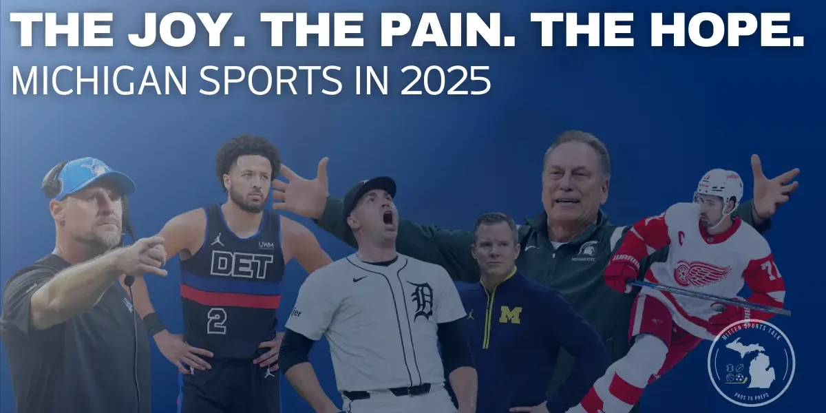Composite image featuring Detroit Lions head coach Dan Campbell, Detroit Pistons star Cade Cunningham, Detroit Tigers pitcher Tarik Skubal, Michigan State coach Tom Izzo, Michigan coach Dusty May, and Detroit Red Wings captain Dylan Larkin, representing the joy, pain, and hope of Michigan sports in 2025.