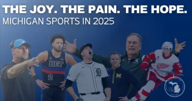 Composite image featuring Detroit Lions head coach Dan Campbell, Detroit Pistons star Cade Cunningham, Detroit Tigers pitcher Tarik Skubal, Michigan State coach Tom Izzo, Michigan coach Dusty May, and Detroit Red Wings captain Dylan Larkin, representing the joy, pain, and hope of Michigan sports in 2025.